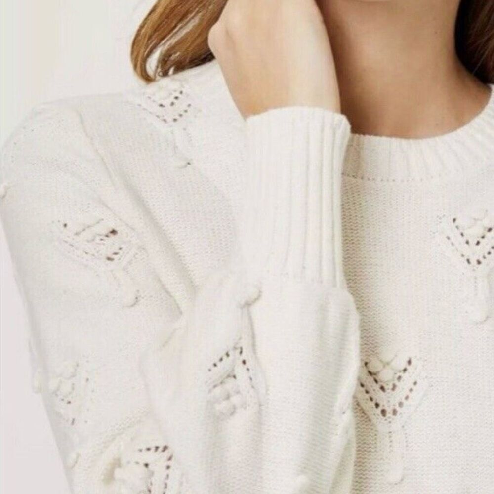 A.T. LOFT | Women's Bobble Pointelle Sweater Ivory Cream Blouson Sleeve | Large - Picture 3 of 10